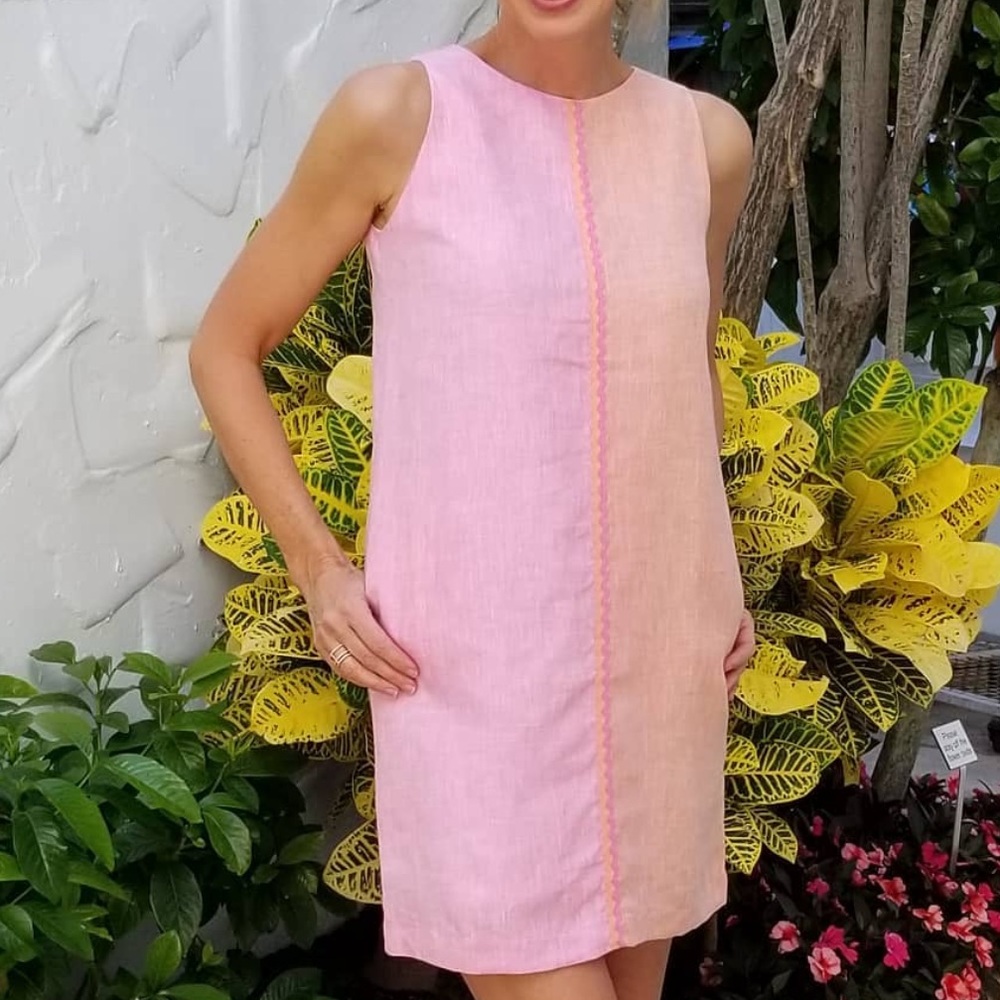 Poeta Half and Half Sleeveless Linen Colorblock Dress Pink and Orange